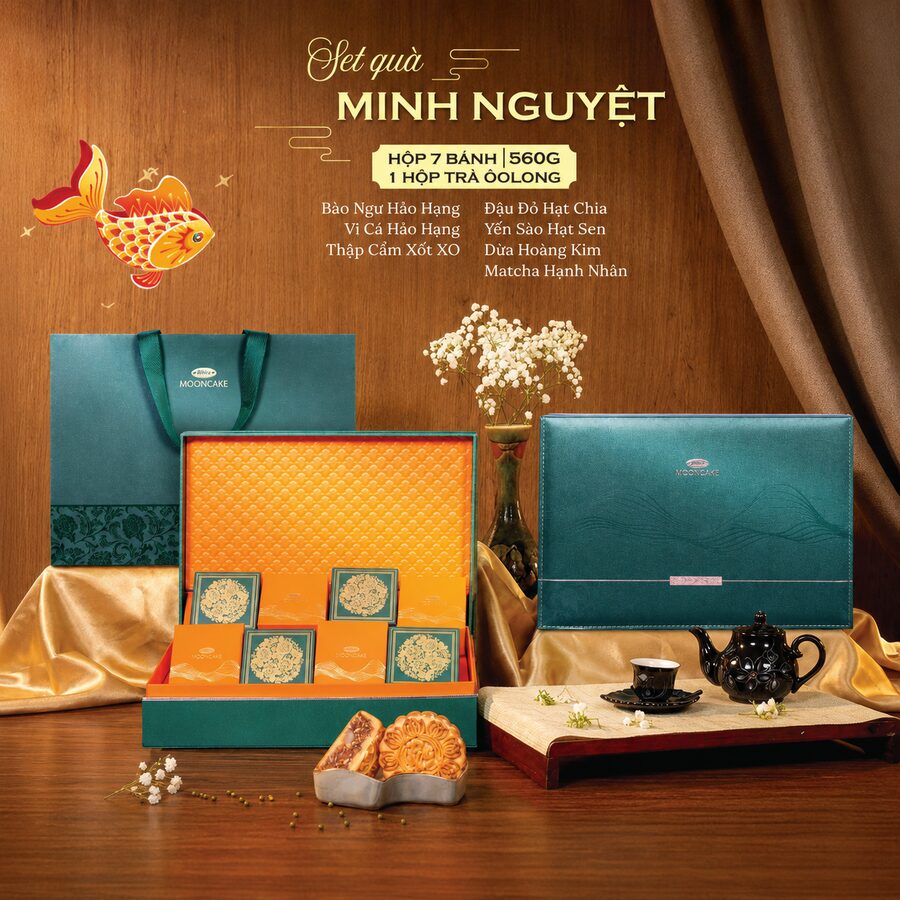 Set quà Minh Nguyệt Bibica 2026 — 560g 7 bánh + trà