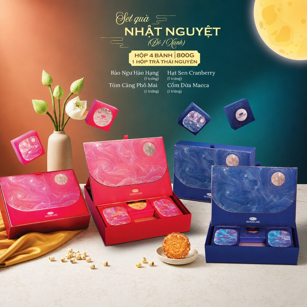 Set quà Nhật Nguyệt Đỏ / Xanh Bibica 2026 — 800g 4 bánh + trà